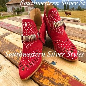 NEW Vegan Red Suede Leather Silver Chain Rhinestone Womens Size 43/10 Shoe Boots
